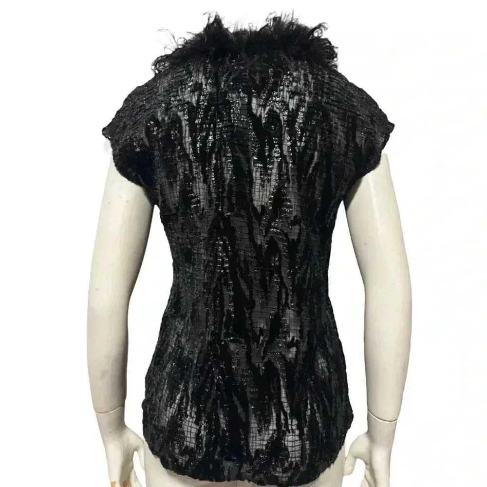 Vintage Joseph Ribkoff Black Burnout Velvet Ostrich Feather Top Evening Glam - Picture 6 of 13